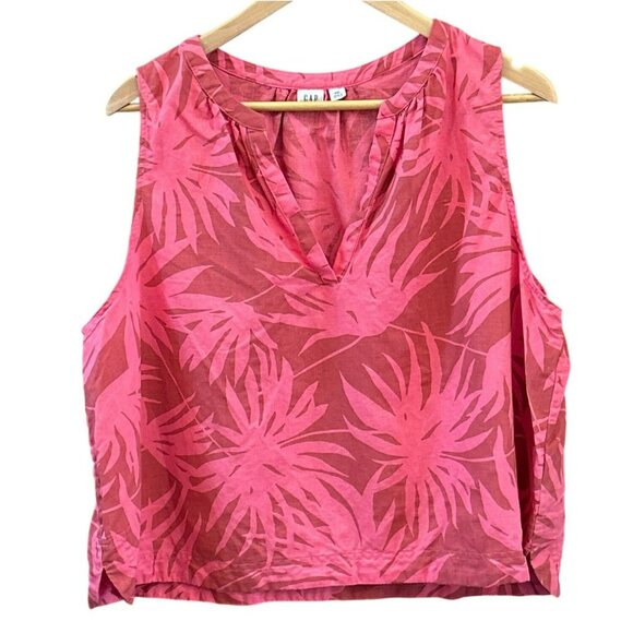 Gap Women's Pink Red Botanical Tropical Print Linen Blend Sleeveless Top XXL - Picture 1 of 5